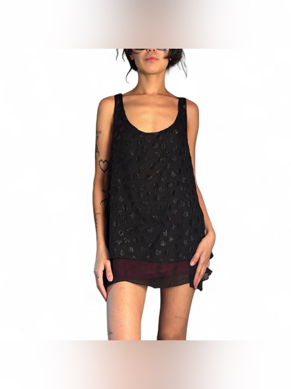 Sheer Black Polka Top Tank Top W Layered Open Back by Daytrip Size Medium